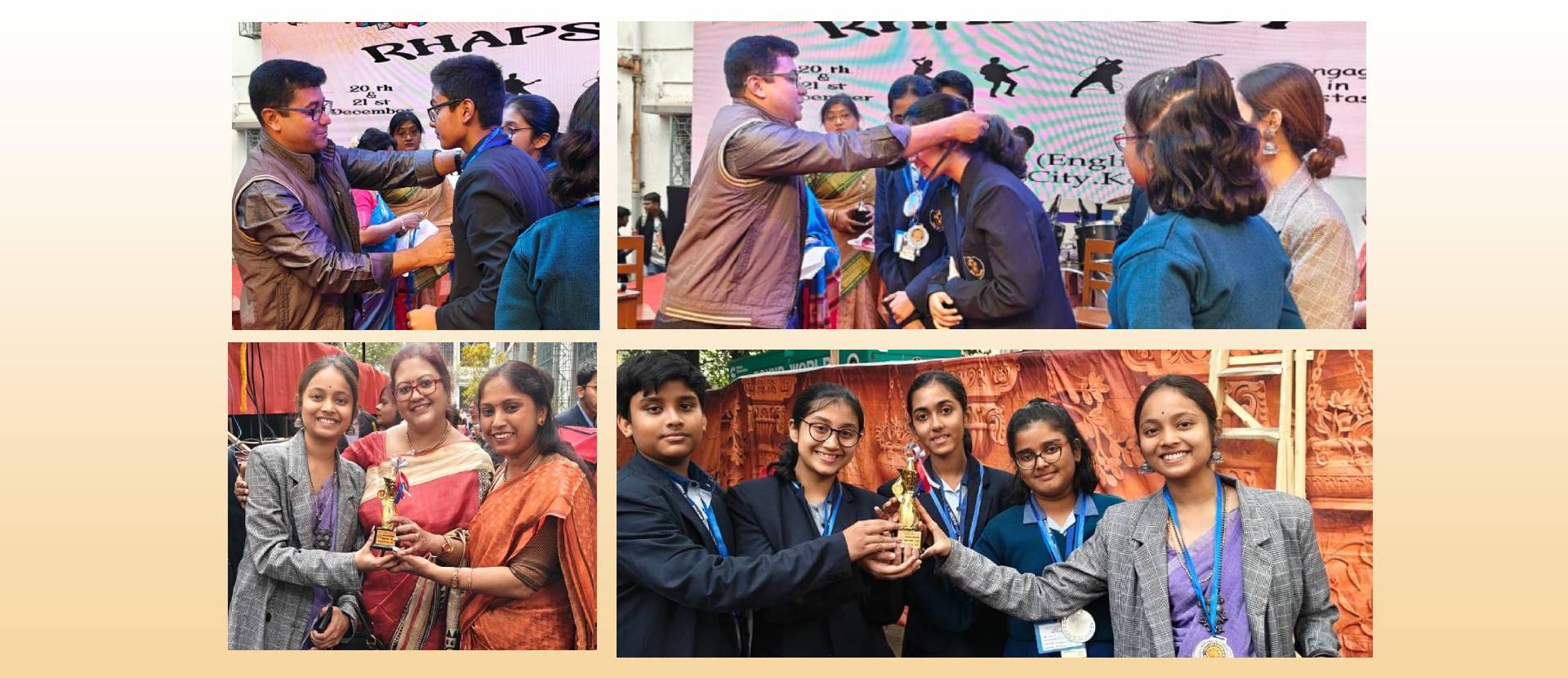 Students of Mangalam Vidya Niketan receiving medals and trophies during an inter-school cultural competition award ceremony in Kolkata.
